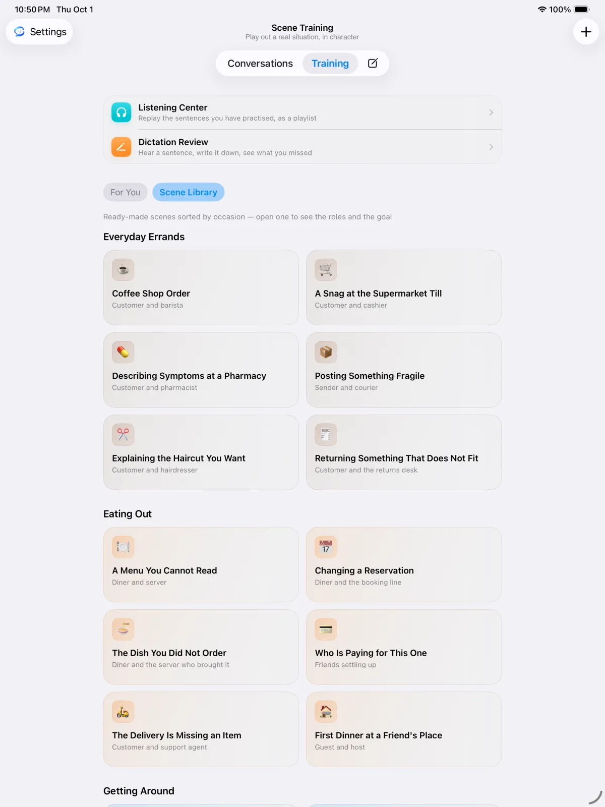 Converloop's Scene Training on iPad, with the scene library in a two-column grid