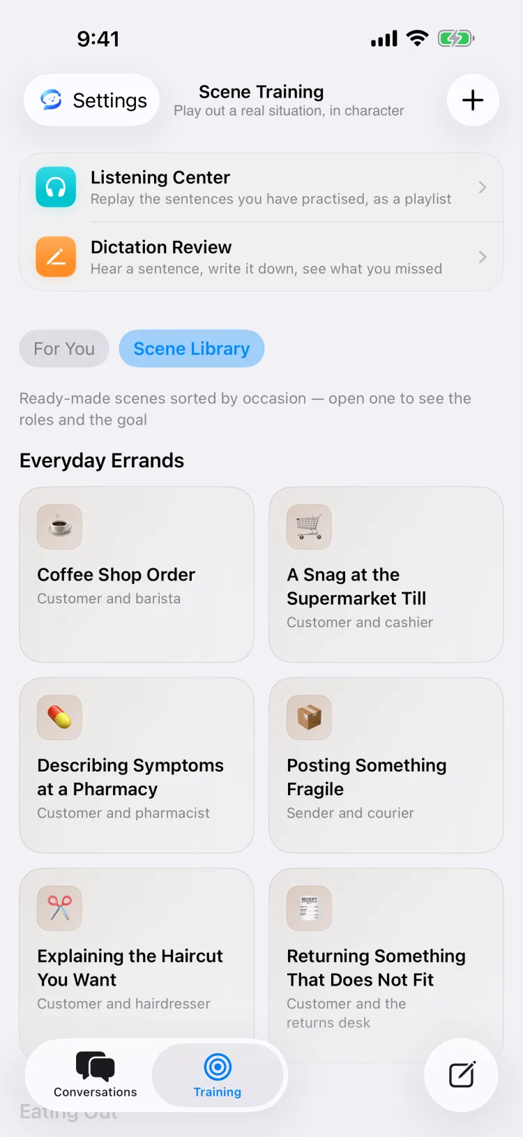 The Scene Training tab on iPhone, with the Listening Center, Dictation Review and the Scene Library